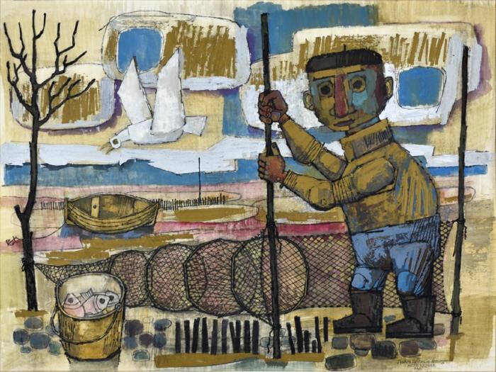 Painting of a man holding a pole connected to fishing traps on a beach